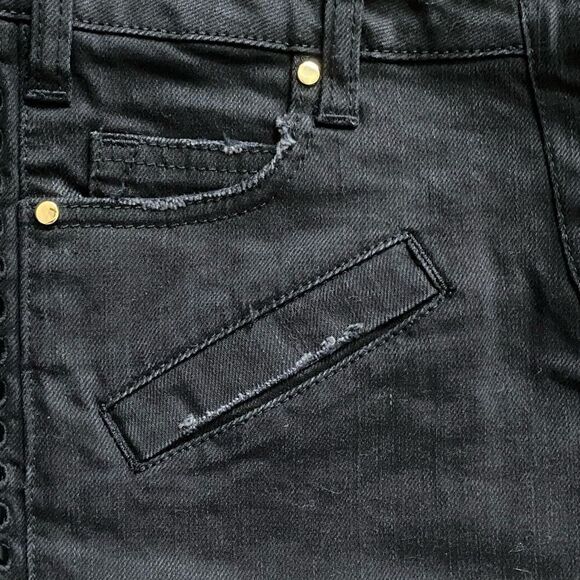 Pierre Balmain Black Distressed Denim Mini Skirt Leather Braided Accents US 6 - Picture 7 of 8